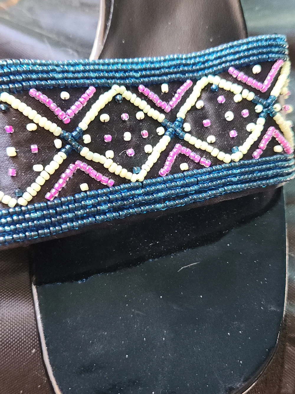 Carlos Falchi Black Beaded Slide Sandals with Blue Accent